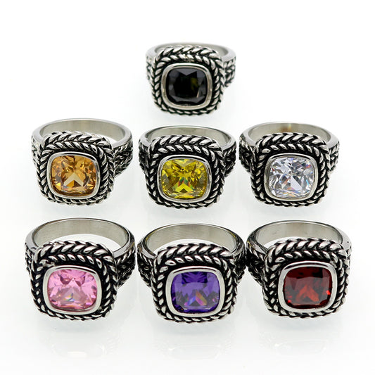 Hot-selling Brand Titanium Steel Ring, Stainless Steel Casting Retro Ring, Square Zircon Colored Diamond Men's and Women's Rings.