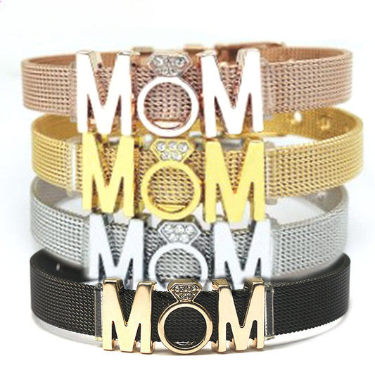 Stylish Simple Stainless Steel Mesh Strap DIY Alloy Font MOM Strap Buckle Holiday Love Gift Bracelet