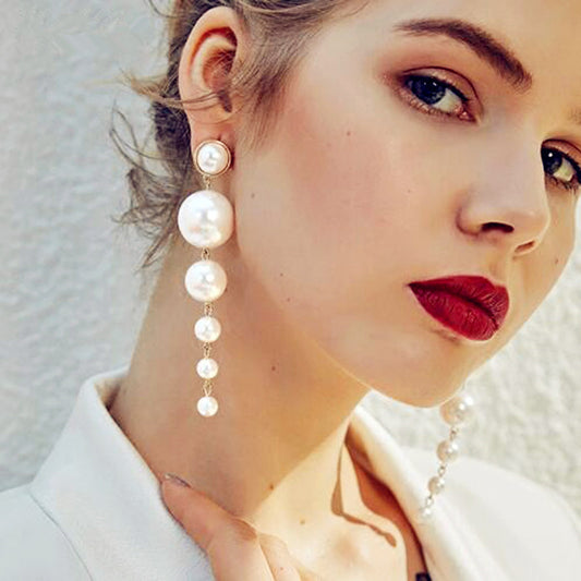 Personalized Simple Size Artificial Pearl Long Earrings, Korean Versatile Hipster Atmospheric Earrings Fashion Accessories