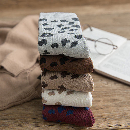 Socks Women's Korean Version Trendy Socks Spotted Leopard Print Women's Terry Socks Cotton Medium Tube Hair Pulling Thickened Warm Women's Socks Wholesale