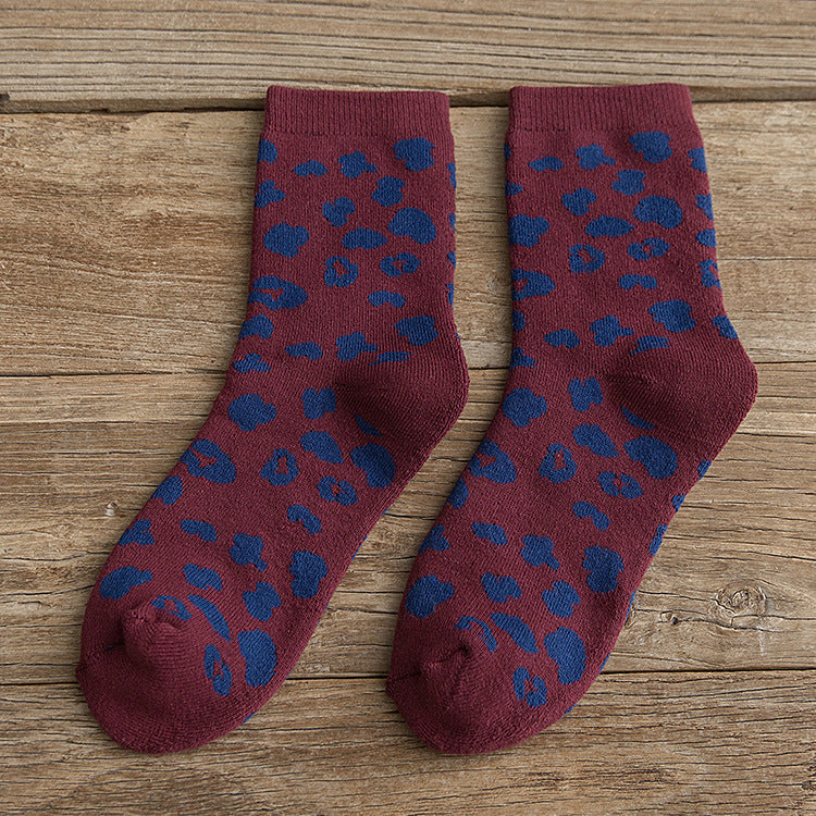 Socks Women's Korean Version Trendy Socks Spotted Leopard Print Women's Terry Socks Cotton Medium Tube Hair Pulling Thickened Warm Women's Socks Wholesale