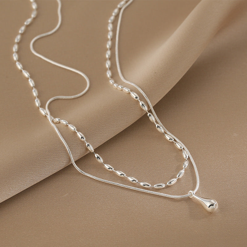 925 Sterling Silver Water Drop Double-layer Necklace Women's Light Luxury Niche Design Ins High-end Sense Simple Personality Stacked Collarbone Chain