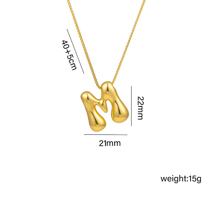 Titanium Steel 18k Real Gold Glossy Balloon Bubble Chubby Cute Q Version 26 English Letters Pendant Necklace