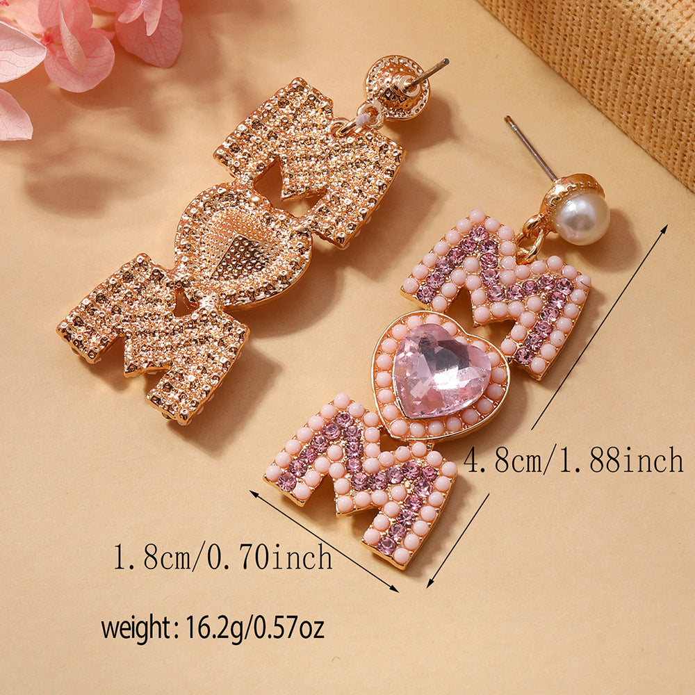 European and American Fashion Light Luxury Style Alloy Diamond MOM Love Letter Earrings Fashion Light Luxury Style Imitation Pearl Earrings Women