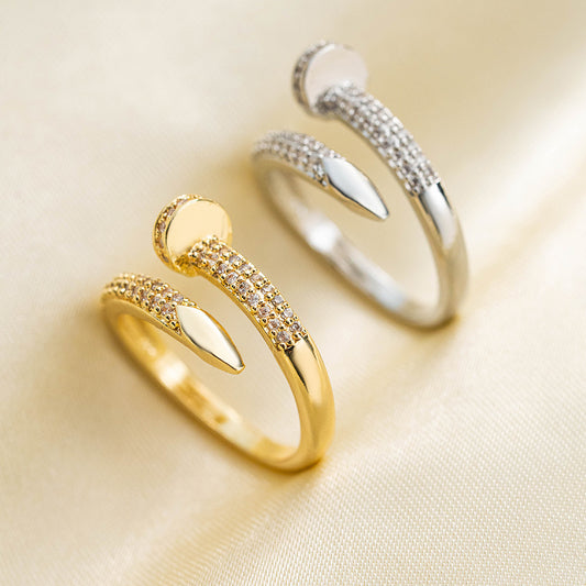 Fashion Light Luxury 18k Electroplated Nail-shaped Live Ring Women's Niche High-end Sense Opening Adjustable Ring Hot-selling