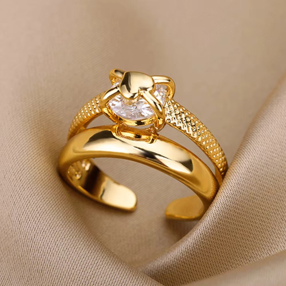 Women 18K Gold Plated Full Diamond Titanium Steel Non-Fading Opening Ring Zircon Leaf Ring