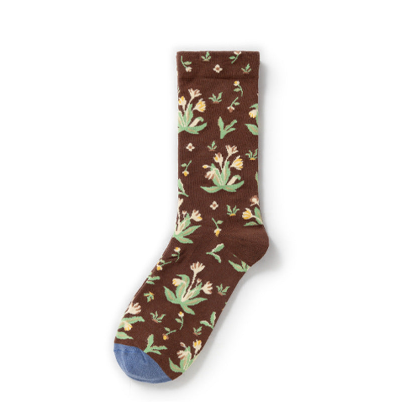 Oil Painting Socks Women's French Retro Ins Tide Autumn and Winter Abstract Tall Tube Creative Combed Cotton Women's Medium Tube Socks