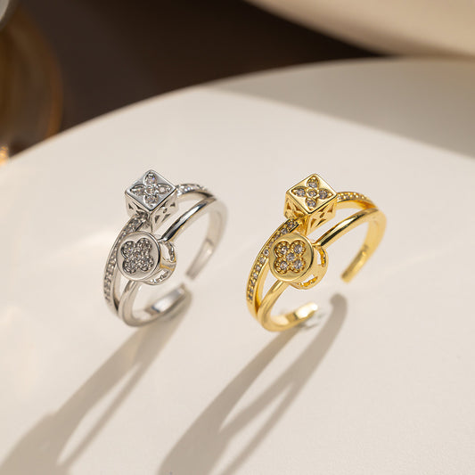 South Korea Dongdaemun Double-layer Micro-inlaid Zircon Ring Simple Female Fashion Personality Cold Wind Open Ring Female