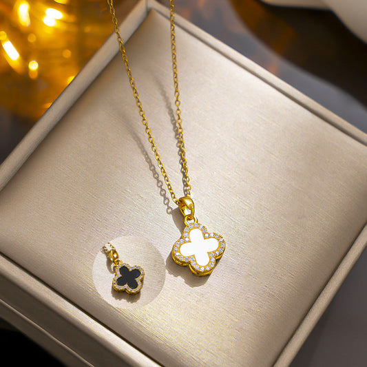 Gold Luxury Full Diamond Four-leaf Clover Necklace Women's Black and White Double-sided Design Sense Internet Celebrity Collarbone Chain 18k Gold-plated Neck Chain