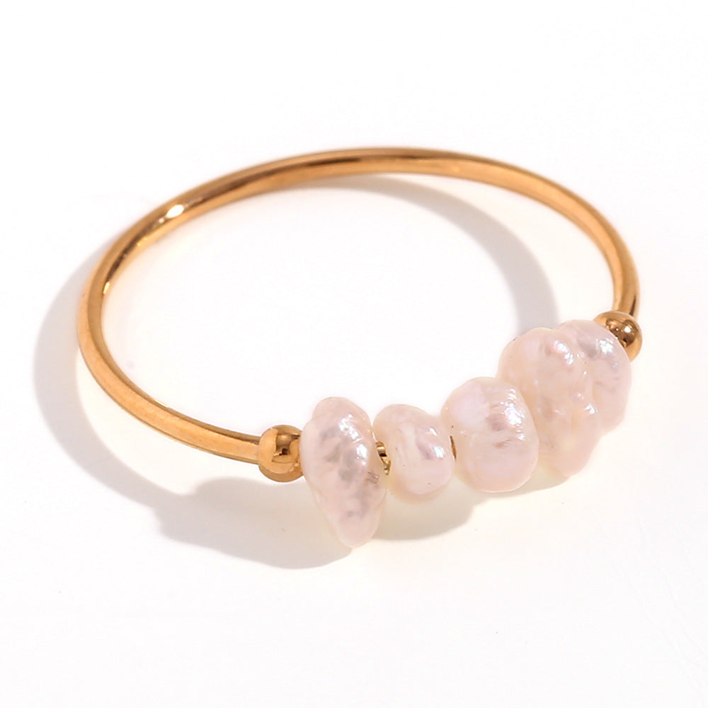 European and American Fashion Temperament Niche Light Luxury Explosive Ring Jewelry Stainless Steel Plated 18K Fine Freshwater Pearl Ring