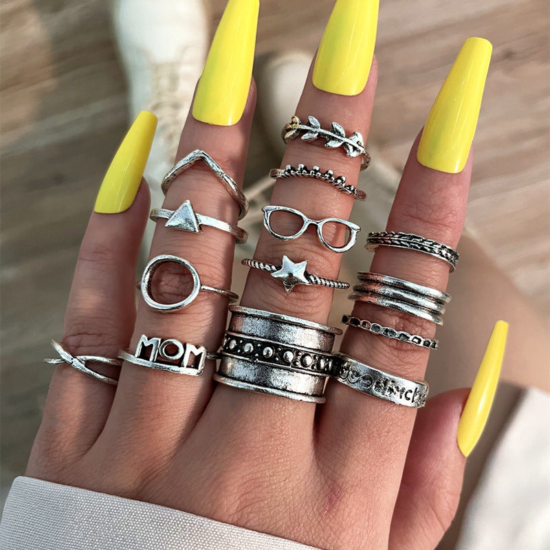 European and American Fashion Women's Personalized Glasses Star MOM Leaf Cross Silver 14-piece Set Joint Ring Set