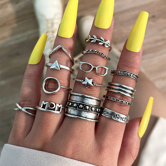 European and American Fashion Women's Personalized Glasses Star MOM Leaf Cross Silver 14-piece Set Joint Ring Set