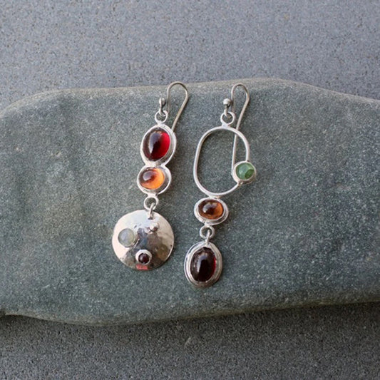 Vintage Colored Gemstone Personality Earrings Geometric Asymmetrical Handmade Earrings Ladies Earrings