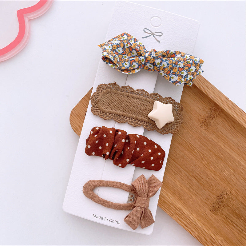 4 Milk Coffee Color Versatile Fabric Children's Break Clip Bow Girl Heart Hairpin Edge Clip Korean Sweet Hairpin