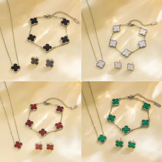 Four-leaf Clover Necklace 13MM Bracelet Stud Earrings Three-piece Set Versatile Lucky Four-leaf Clover Five-flower Bracelet Collarbone Chain Earrings