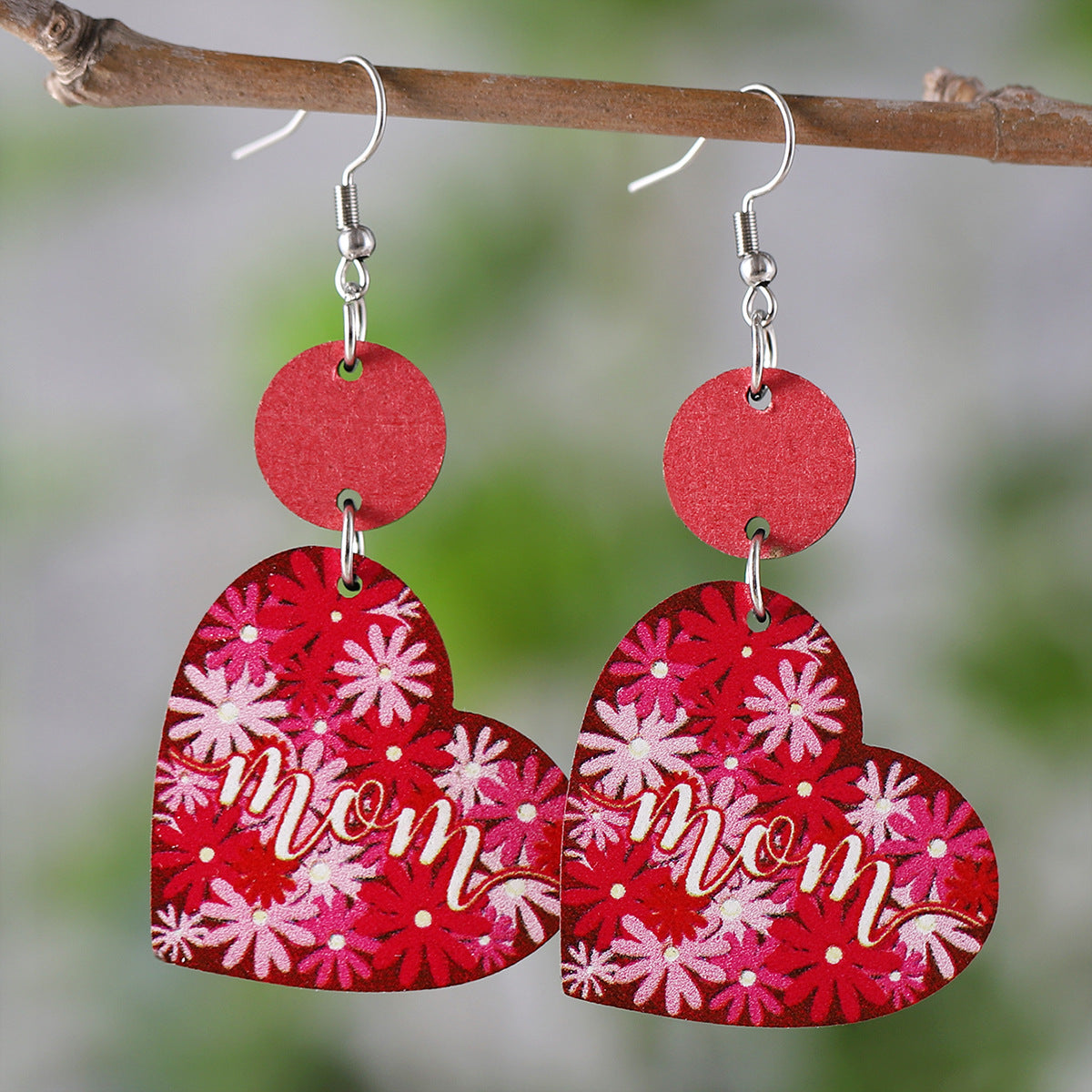 New Mother's Day MOM Flower Love Disc Splicing Pendant Earrings Wooden Double-sided Earrings Mother's Day Gift