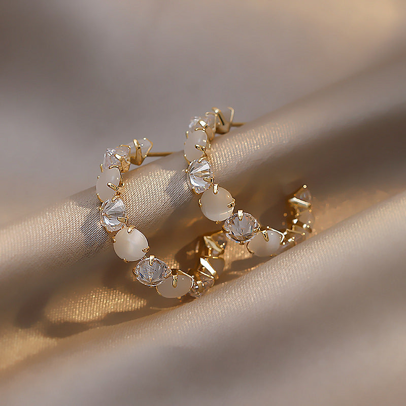 New Trendy 925 Silver Needle Zircon Opal C-shaped Earrings Ins Simple Niche Design Temperament Earrings Women