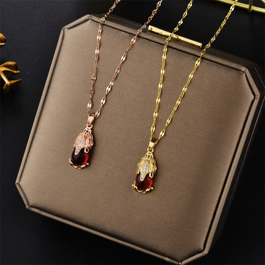 New Year's Red Lucky Pixiu Titanium Steel Necklace Female, Plated 18k Gold Internet Celebrity Popular Collarbone Chain Hipster Fashion Jewelry