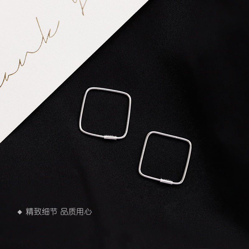 S925 Sterling Silver Rhombus Earrings Simple Lines Small Square Ear Buckles Japanese and Korean Temperament Niche Design Ear Jewelry Women