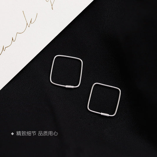 S925 Sterling Silver Rhombus Earrings Simple Lines Small Square Ear Buckles Japanese and Korean Temperament Niche Design Ear Jewelry Women