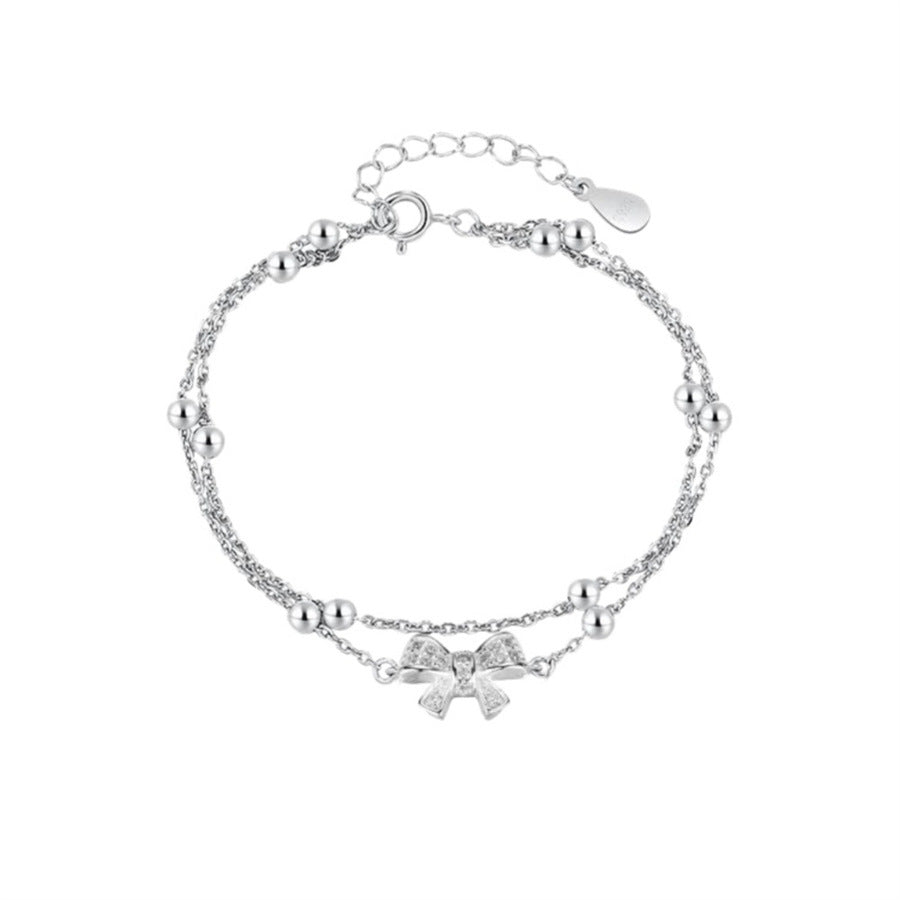 925 Sterling Silver Double-layer Bow Bracelet Women's Light Luxury Niche High-end Sense Exquisite Versatile Stacked Wearing Jewelry New Trend