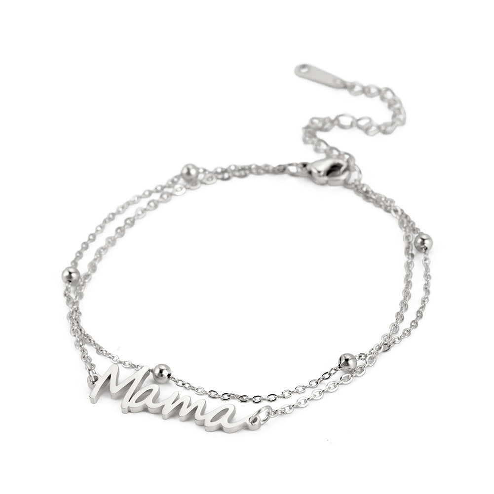 Stainless Steel Bracelet Lady Mother English Letter Pendant Multi-layer Bead Chain Mother's Day Holiday Versatile Commemorative Gift