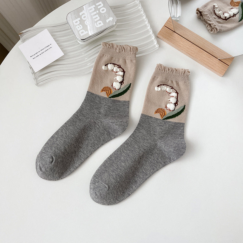 Socks Women's Pure Cotton Spring and Autumn Tube Three-dimensional Flower Cotton Socks Small Flower Japanese Trend Internet Celebrity Casual Women's Socks Wholesale