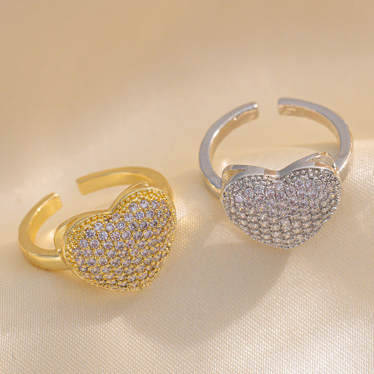 New Fashion Light Luxury Zircon Love Ring Women's INS Design Sense Niche Premium Open Ring