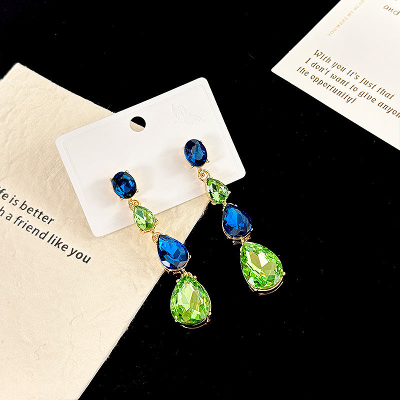 New Glass Diamond Inlaid Water Drop-shaped Long Earrings Women's European and American Color Series Earrings
