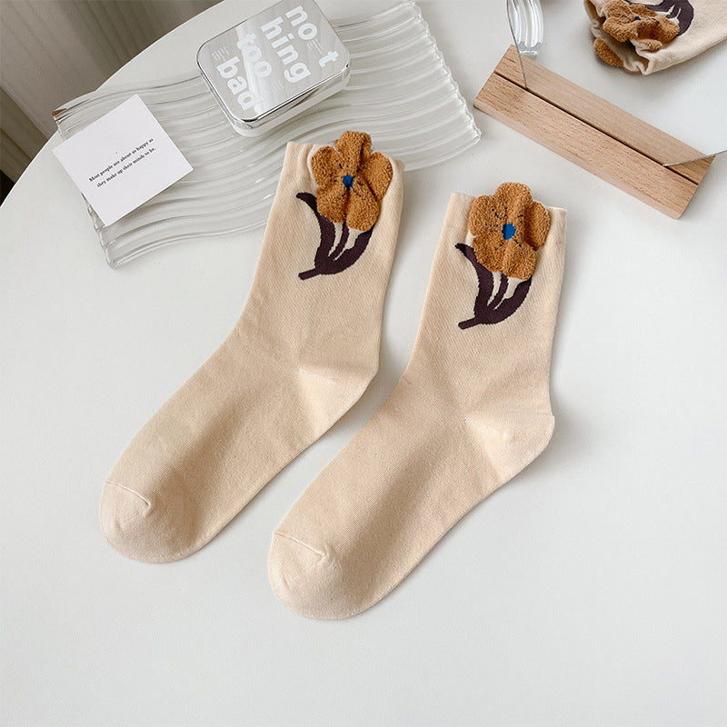 Socks Women's Pure Cotton Spring and Autumn Tube Three-dimensional Flower Cotton Socks Small Flower Japanese Trend Internet Celebrity Casual Women's Socks Wholesale