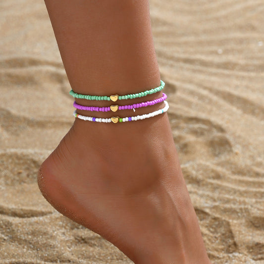 European and American Jewelry Summer Small Love Rice Bead Anklet Simple Creative Bracelet Multi-purpose Beach Trend Three-piece Set