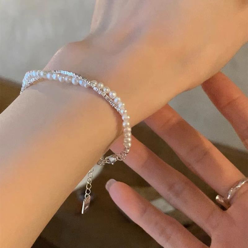 Korean version of fashion niche heavy industry pearl broken silver beaded bracelet women's light luxury exquisite versatile gift girlfriend jewelry