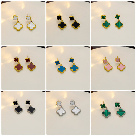 Lucky four-leaf flower fringed stud earrings Internet celebrity explosion versatile earrings exquisite Fan family temperament high-end earrings