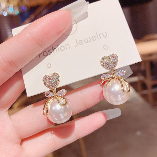 Korean Fashion Versatile Internet Celebrity New Peach Heart Big Pearl Earrings Style Elegant Earrings Women