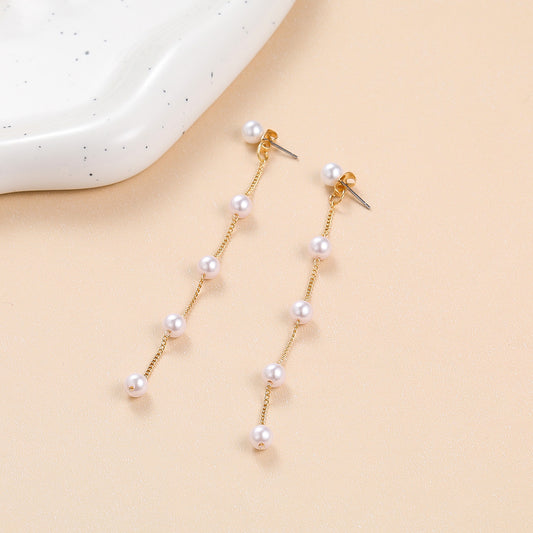 Beaded New French Retro Earrings Temperament Long Simple Pearl Fringed Earrings Women