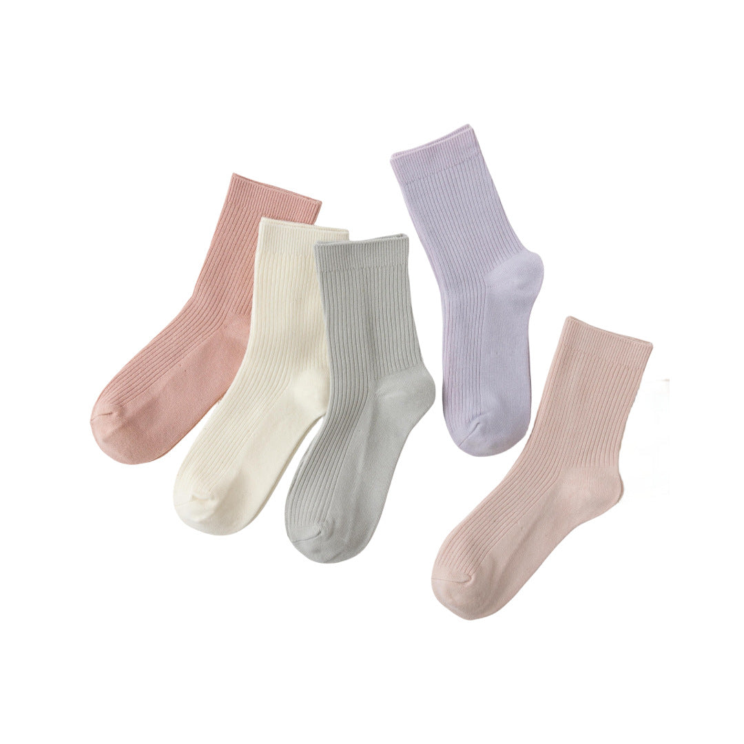New Socks Women's Solid Color Double Needle Medium Tube Cotton Socks Spring and Autumn Thickened Warm Casual Stockings