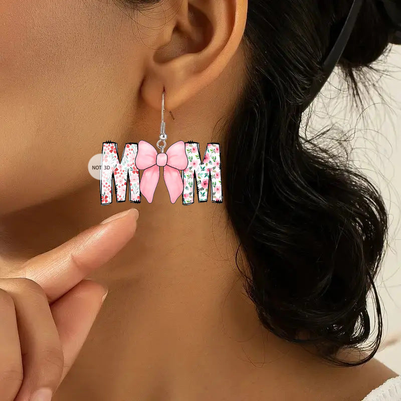 Original Design MOM Letter Bow 2D Acrylic Earrings Cute Fit for Mother's Day Gift