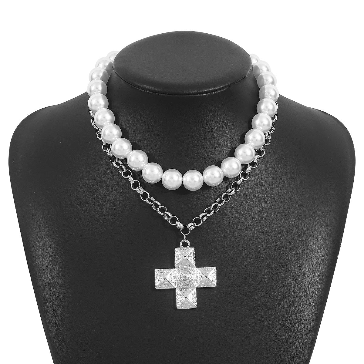 European and American Personality Fashion Popular Multi-layer Necklace, French Pearl Cross Niche Design Collarbone Chain