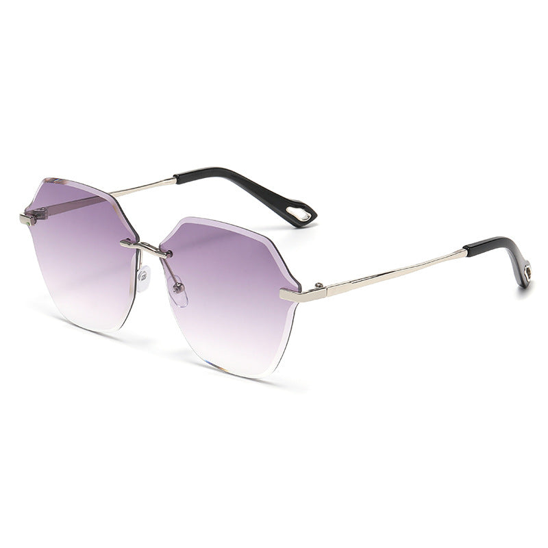 Internet Celebrity Explosion Polygonal Frameless Trimmed Sunglasses Women, Fashion Trend Large Frame Retro UV Protection Sunglasses