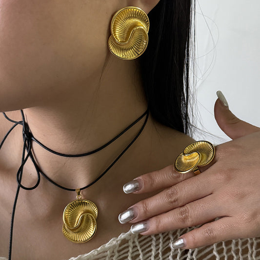 European and American Fashion Simple Design Retro Geometric Alloy Earrings, Personalized Spiral Texture Ring Necklace