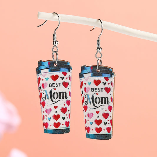 New Mother's Day Wooden Earrings Cartoon MOM Coffee Milk Tea Cup Earrings Flower Mom Kitchen Supplies Earrings