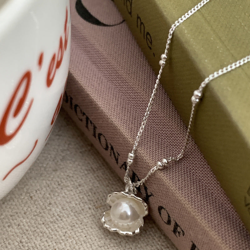 S925 Sterling Silver Shell Pearl Necklace Women's Light Luxury Niche Fashion Exquisite Stacked Neck Chain Temperament Versatile Sweater Chain