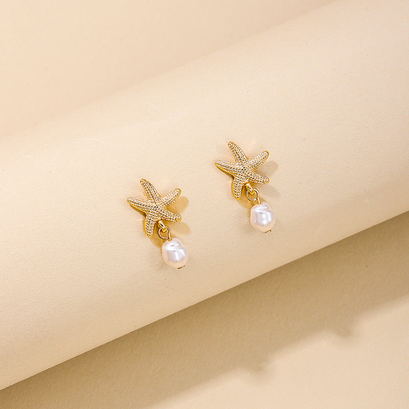 1 Pair of European and American Summer New Temperament Metal Starfish Pearl Fringed Women's Earrings Earrings Holiday Style