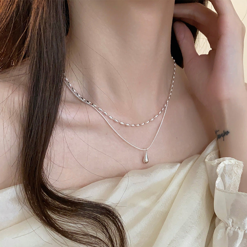 925 Sterling Silver Water Drop Double-layer Necklace Women's Light Luxury Niche Design Ins High-end Sense Simple Personality Stacked Collarbone Chain