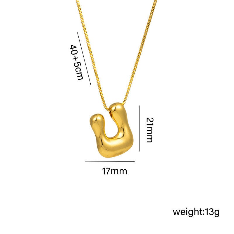 Titanium Steel 18k Real Gold Glossy Balloon Bubble Chubby Cute Q Version 26 English Letters Pendant Necklace