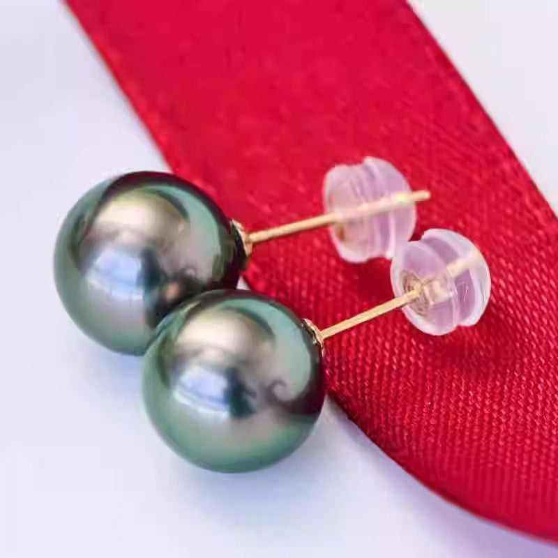 18K White Gold High Quality Tahitian Malachite Green Seawater Pearl Glass Bead Strong Light Perfect Round Earrings Earrings Popular