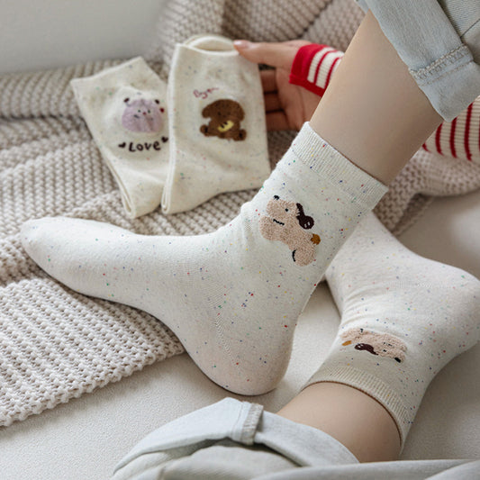Socks Women's Idea Yarn Cute Cartoon Women's Medium Tube Socks Graffiti White Spring and Autumn Versatile Boneless Confinement Socks