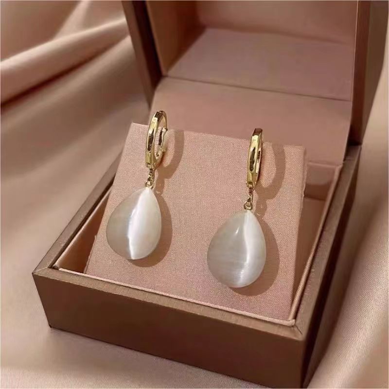 Green Water Drop Double-sided Opal Earrings Temperament Simple Ear Buckle Niche Design Light Luxury Earrings