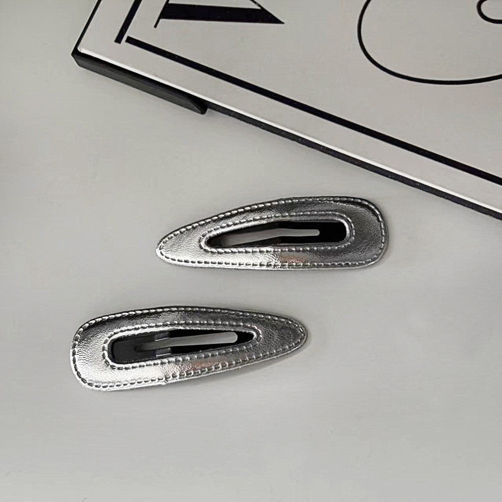 Punk Style Silver Leather Hairpin Female Metal Feeling Water Drop Bangs Clip Simple Imitation Leather BB Clip Hairpin Hairpin Hair Clip Hair Accessories