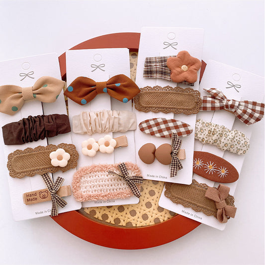 4 Milk Coffee Color Versatile Fabric Children's Break Clip Bow Girl Heart Hairpin Edge Clip Korean Sweet Hairpin